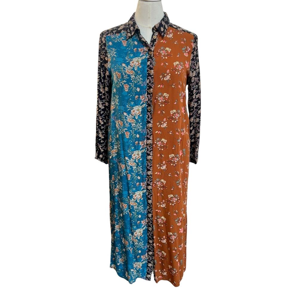 Natural Life Floral Maxi Dress Long Sleeve Button Front Multicolor Size L